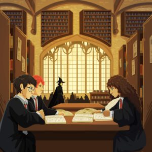 הארי, הרמיוני ורון בספרייה בהוגוורטס
