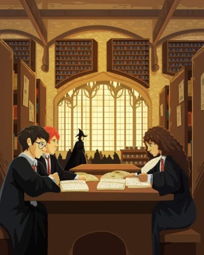 הארי, הרמיוני ורון בספרייה בהוגוורטס